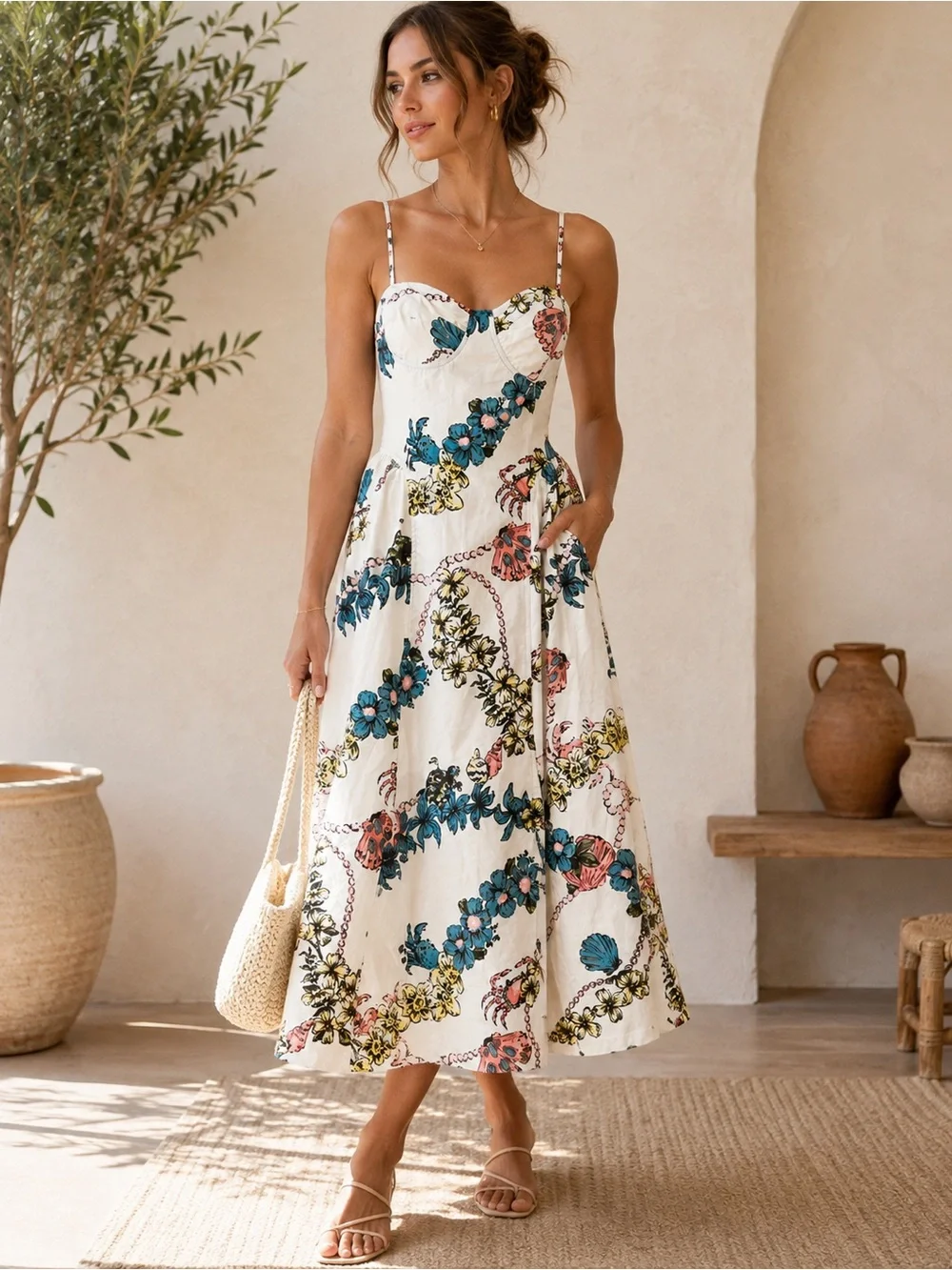 Free People Cherish Printed Midi Dress Size 4 Floral Cotton NWOT Pockets DS1